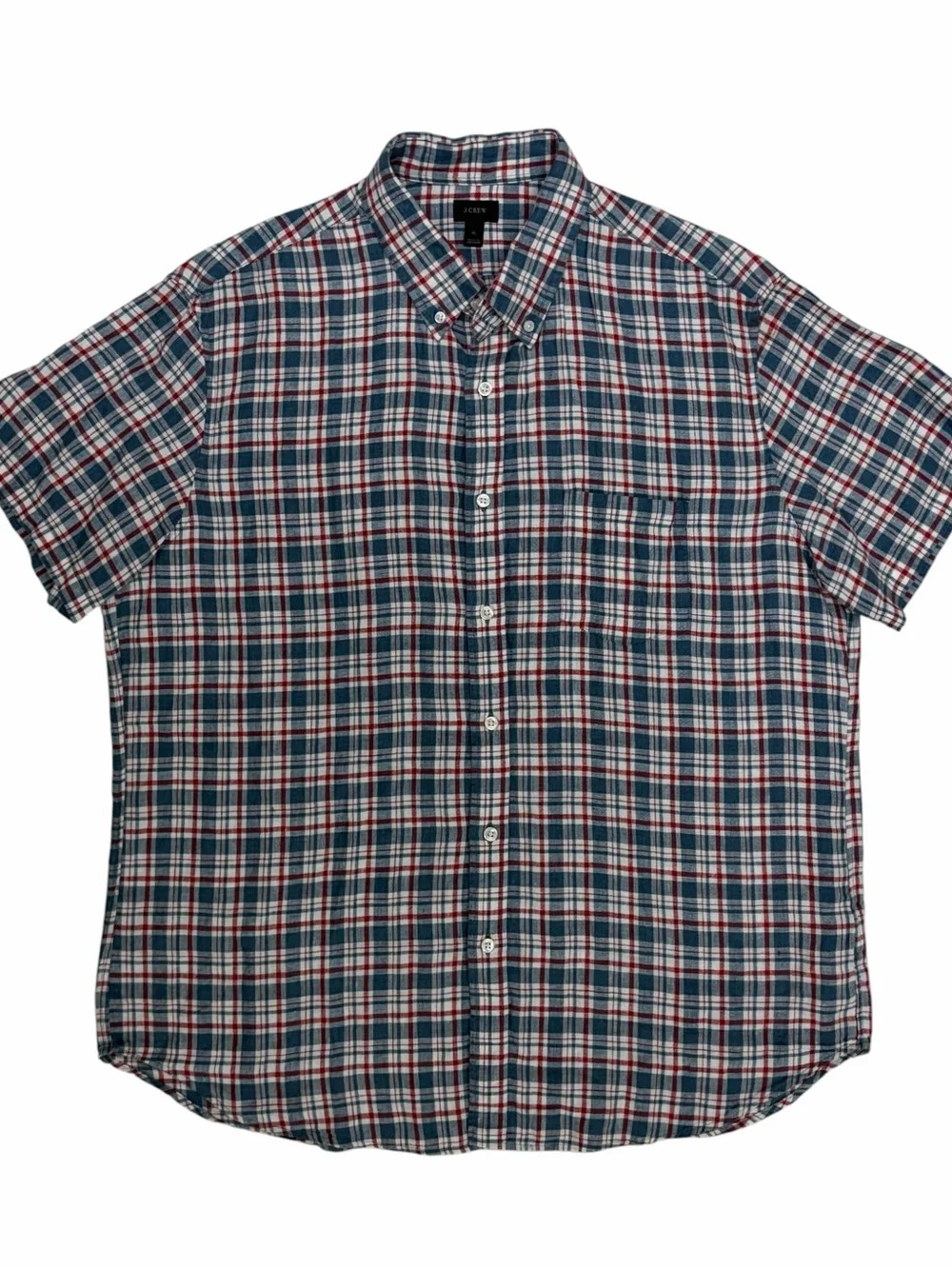 J Crew Baird McNutt Irish Linen Shirt Mens XL Blue Red Plaid Short Sleeve Button